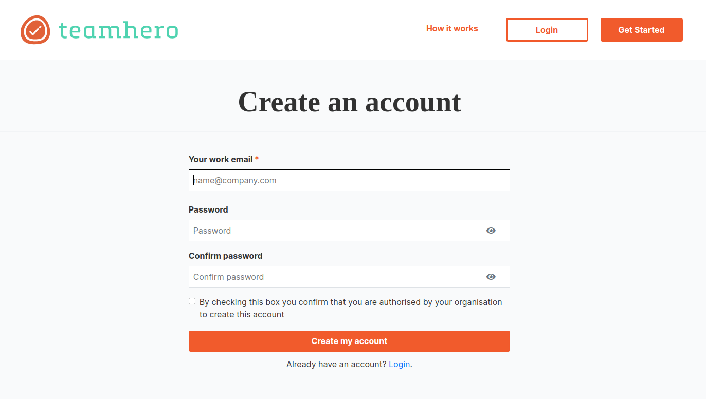 screenshot for team hero create account page